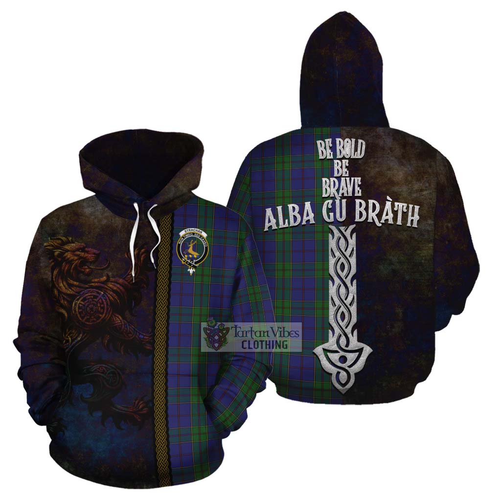 Tartan Vibes Clothing Strachan Tartan Family Crest Cotton Hoodie Alba Gu Brath Be Brave Lion Ancient Style