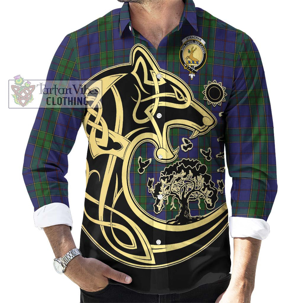 Strachan Tartan Long Sleeve Button Shirt with Family Crest Celtic Wolf Style - Tartan Vibes Clothing
