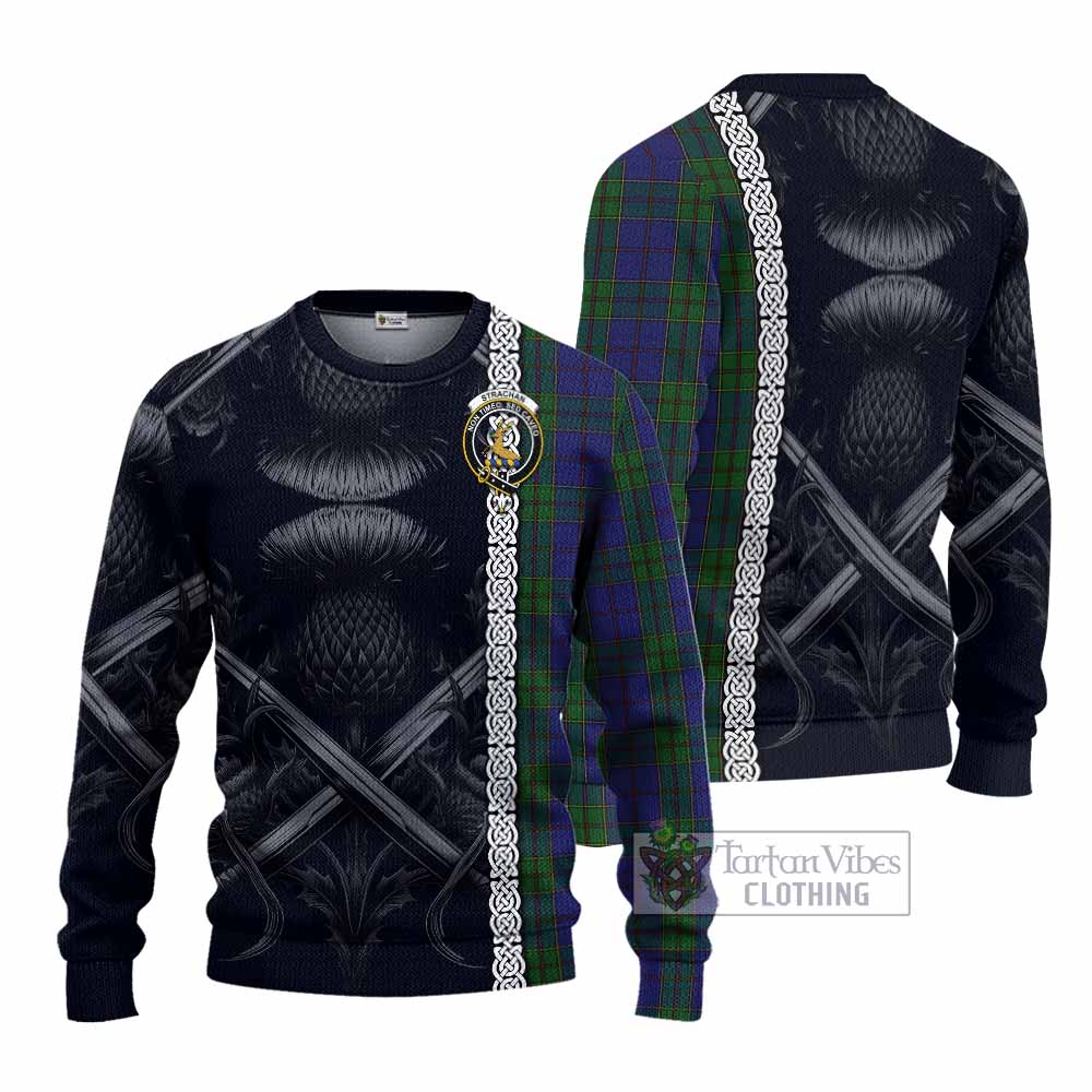 Tartan Vibes Clothing Strachan Tartan Knitted Sweater with Family Crest Cross Sword Thistle Celtic Vibes