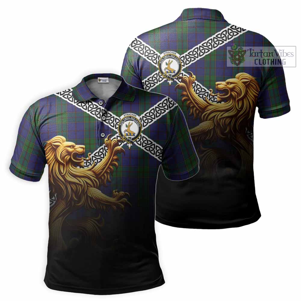 Tartan Vibes Clothing Strachan Crest Tartan Polo Shirt with Golden Lion Emblem Celtic Style