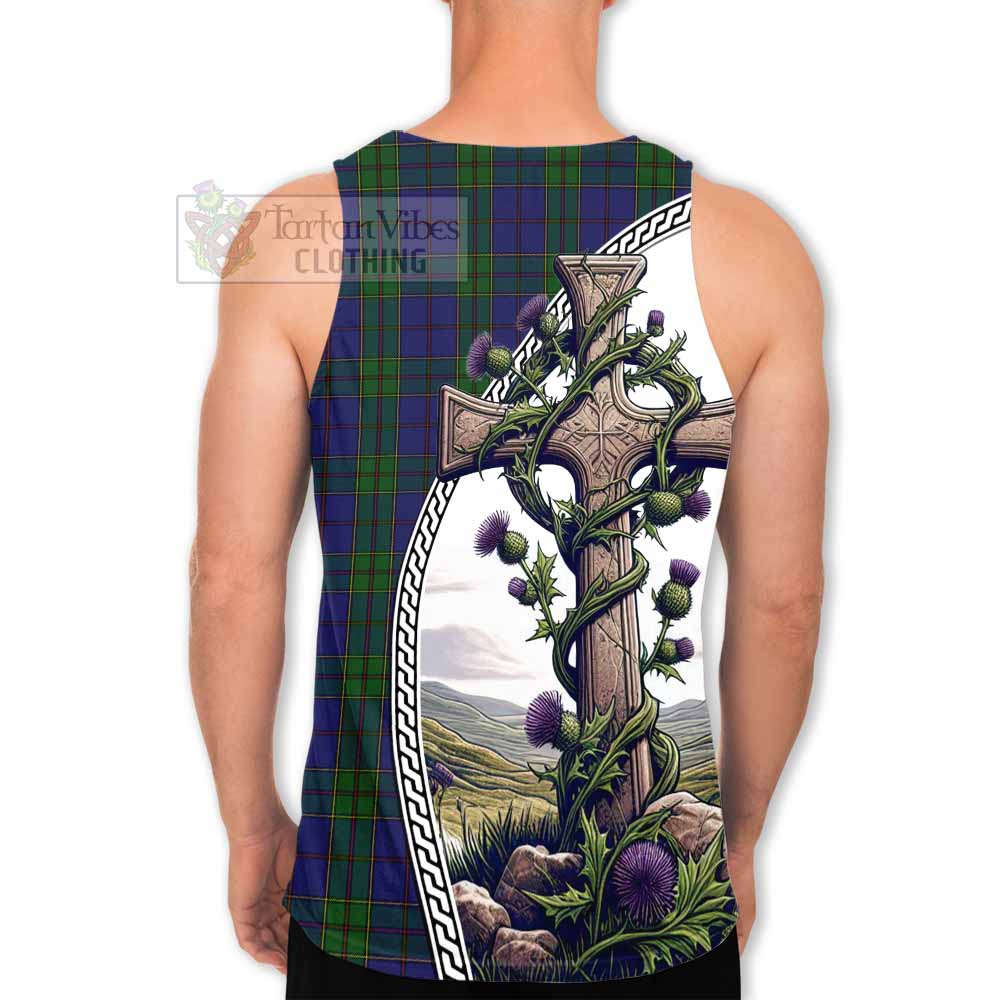 Tartan Vibes Clothing Strachan Tartan Men's Tank Top with Family Crest and St. Andrew's Cross Accented by Thistle Vines
