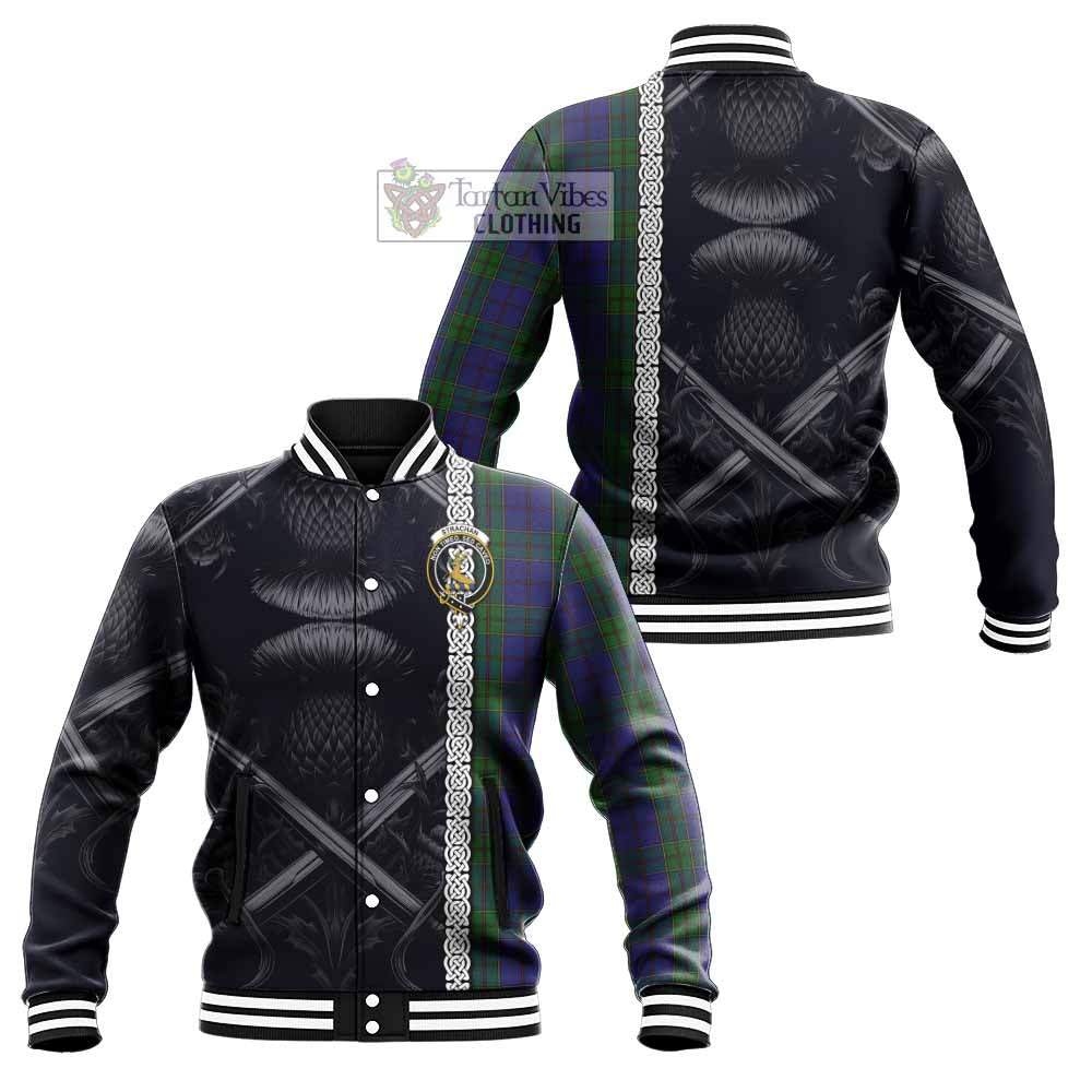 Tartan Vibes Clothing Strachan Tartan Baseball Jacket with Family Crest Cross Sword Thistle Celtic Vibes