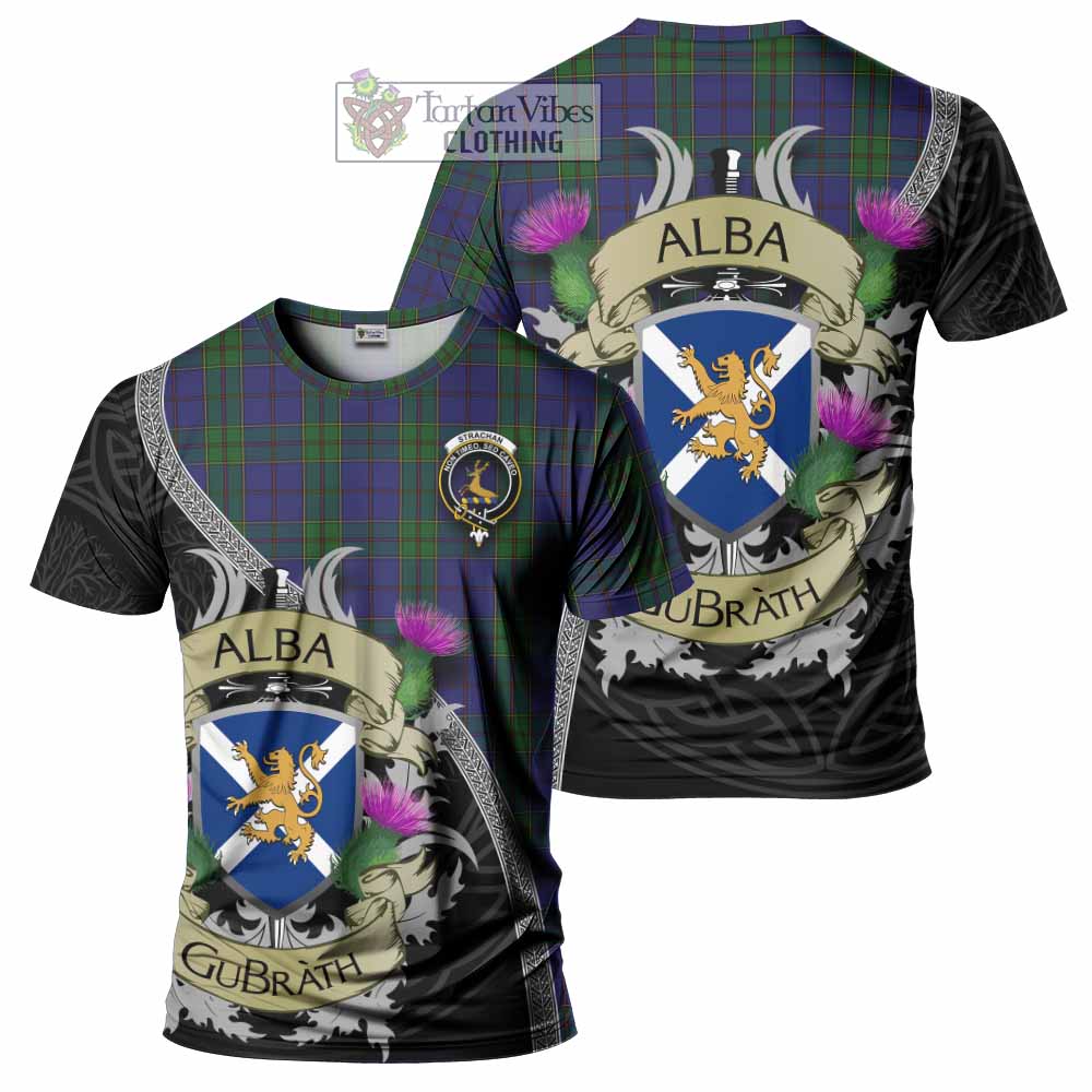 Tartan Vibes Clothing Strachan Tartan Family Crest T-Shirt Lion Rampant Royal Thistle Shield Celtic Inspired