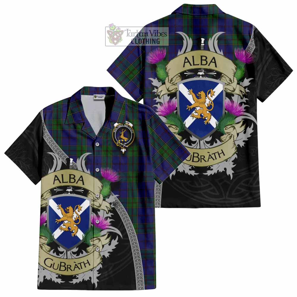 Tartan Vibes Clothing Strachan Tartan Family Crest Short Sleeve Button Shirt Lion Rampant Royal Thistle Shield Celtic Inspired