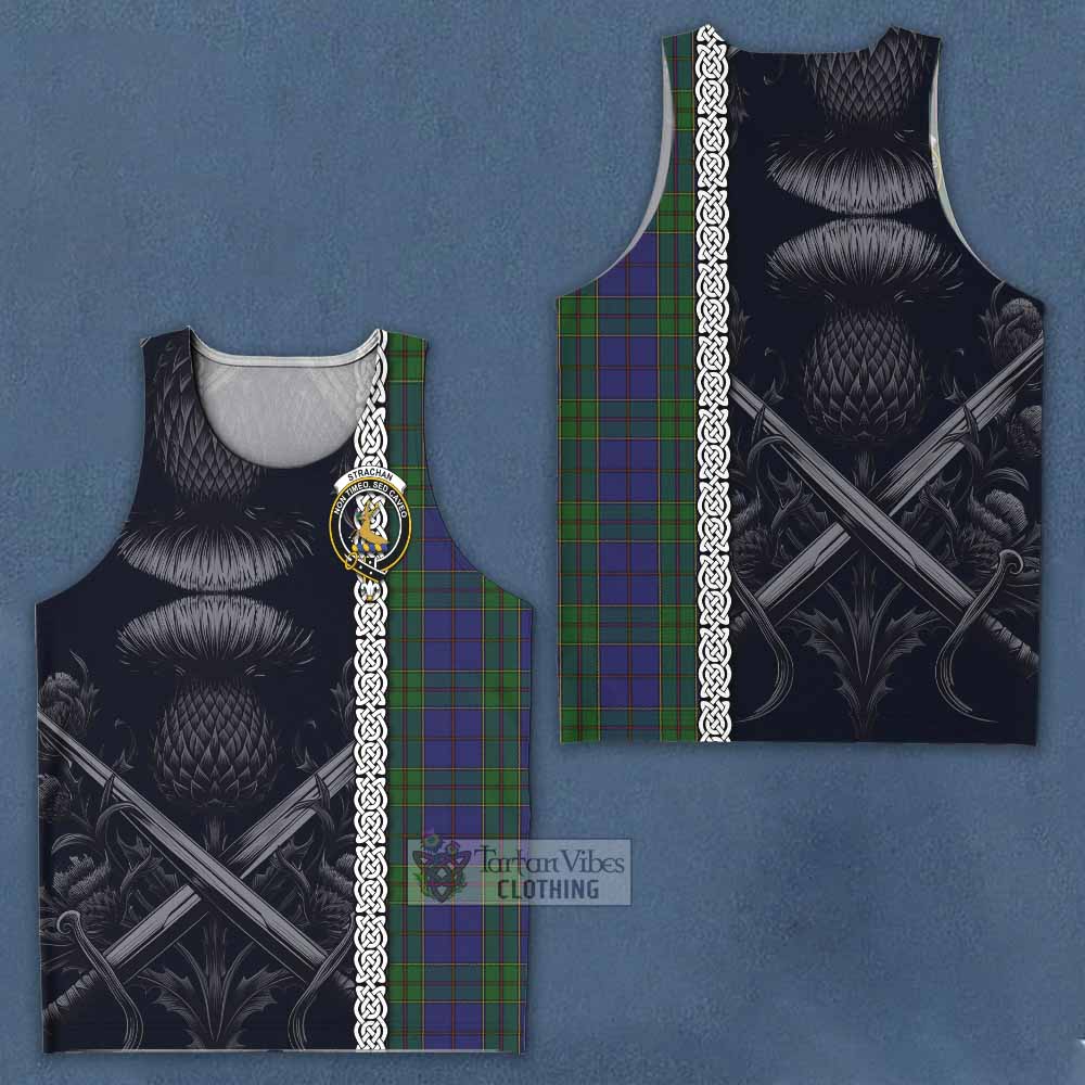 Tartan Vibes Clothing Strachan Tartan Men's Tank Top with Family Crest Cross Sword Thistle Celtic Vibes