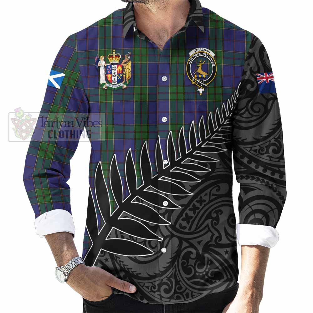 Tartan Vibes Clothing Strachan Crest Tartan Long Sleeve Button Shirt with New Zealand Silver Fern Half Style