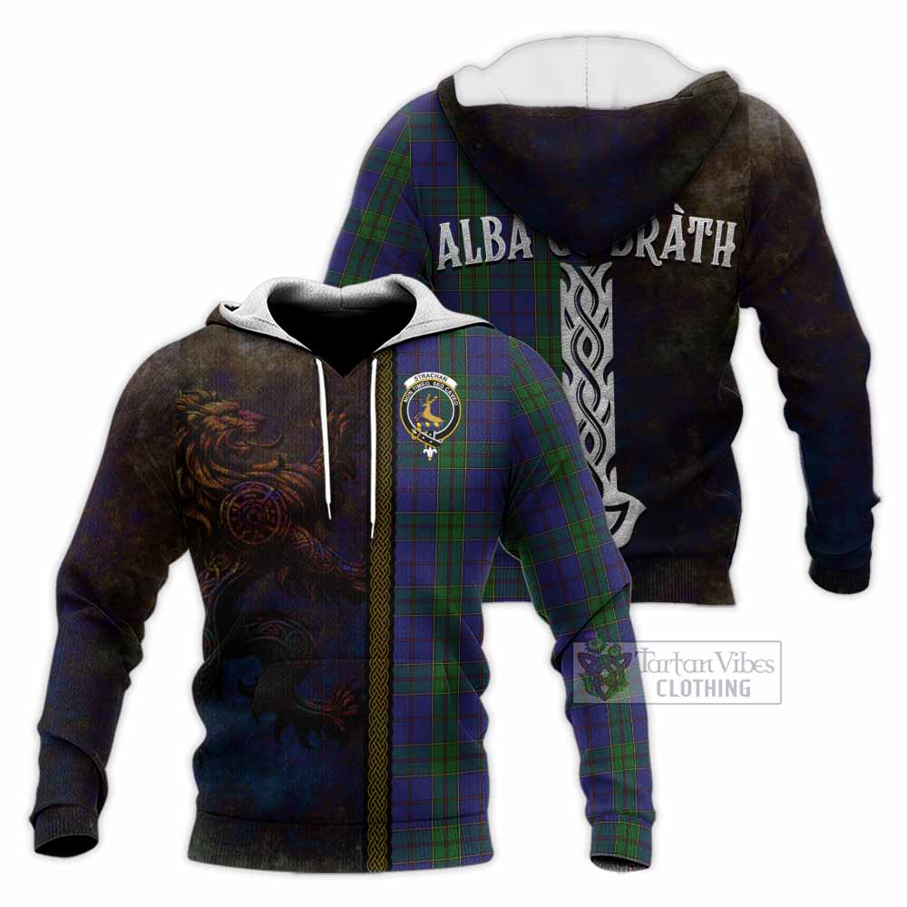 Tartan Vibes Clothing Strachan Tartan Family Crest Knitted Hoodie Alba Gu Brath Be Brave Lion Ancient Style
