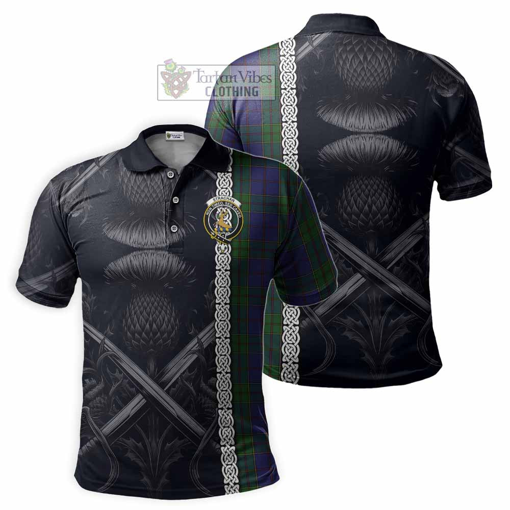 Tartan Vibes Clothing Strachan Tartan Polo Shirt with Family Crest Cross Sword Thistle Celtic Vibes