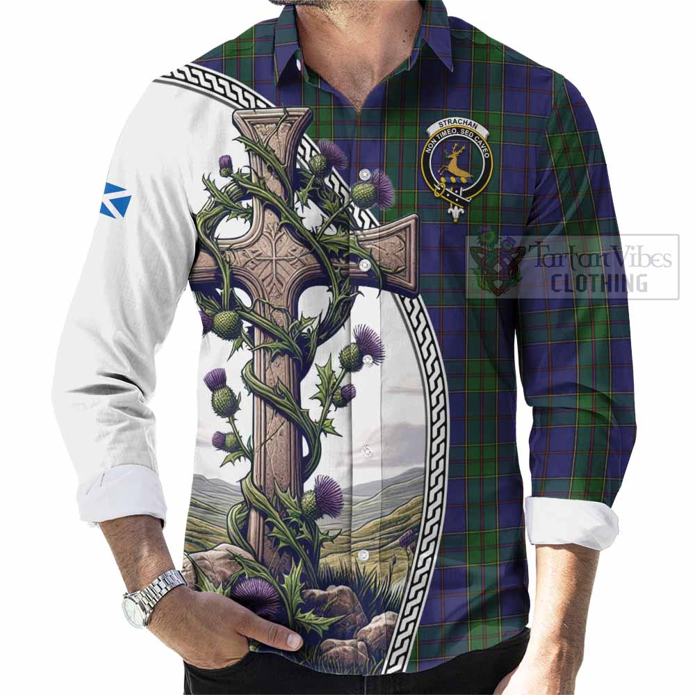 Tartan Vibes Clothing Strachan Tartan Long Sleeve Button Shirt with Family Crest and St. Andrew's Cross Accented by Thistle Vines