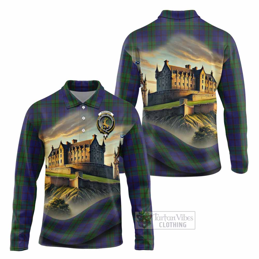 Tartan Vibes Clothing Strachan Tartan Family Crest Long Sleeve Polo Shirt with Scottish Ancient Castle Style