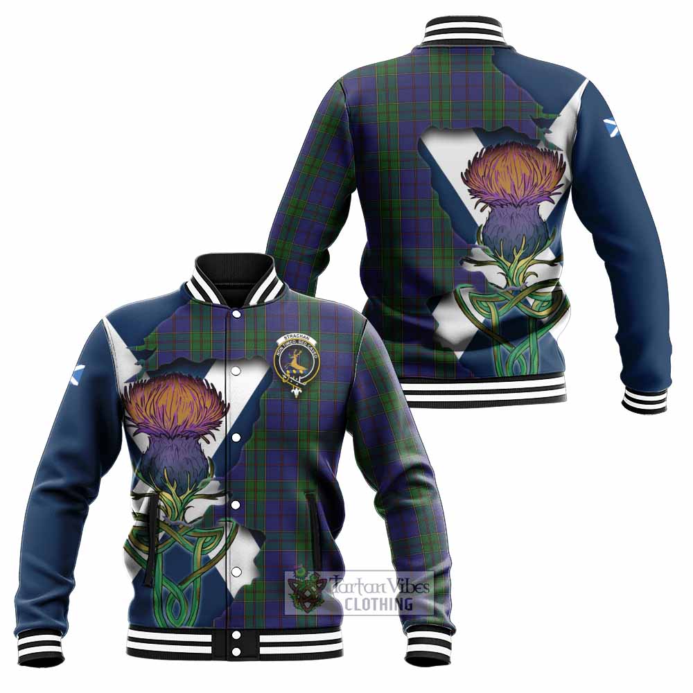 Tartan Vibes Clothing Strachan Tartan Family Crest Baseball Jacket Scottish Thistle Celtic Inspired