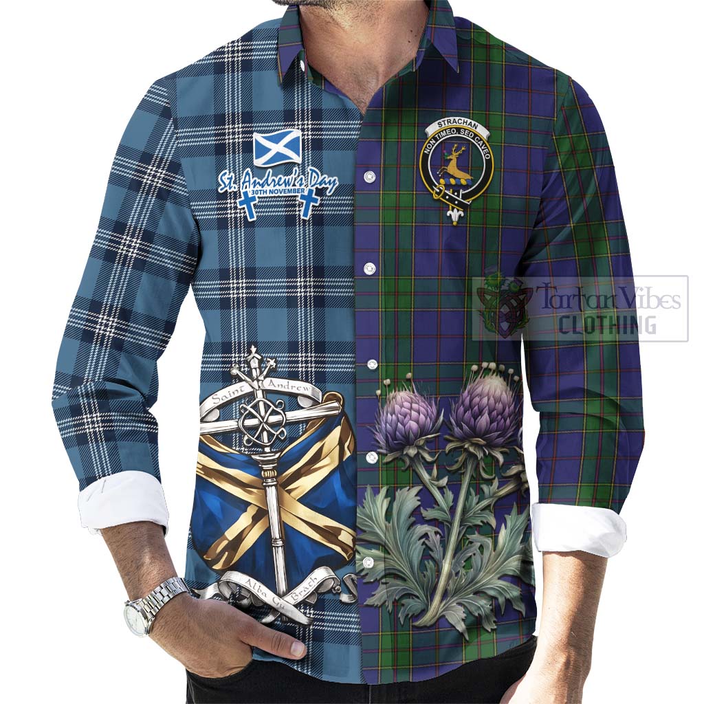 Tartan Vibes Clothing Strachan Tartan Long Sleeve Button Shirt Happy St. Andrew's Day Half Tartan Style