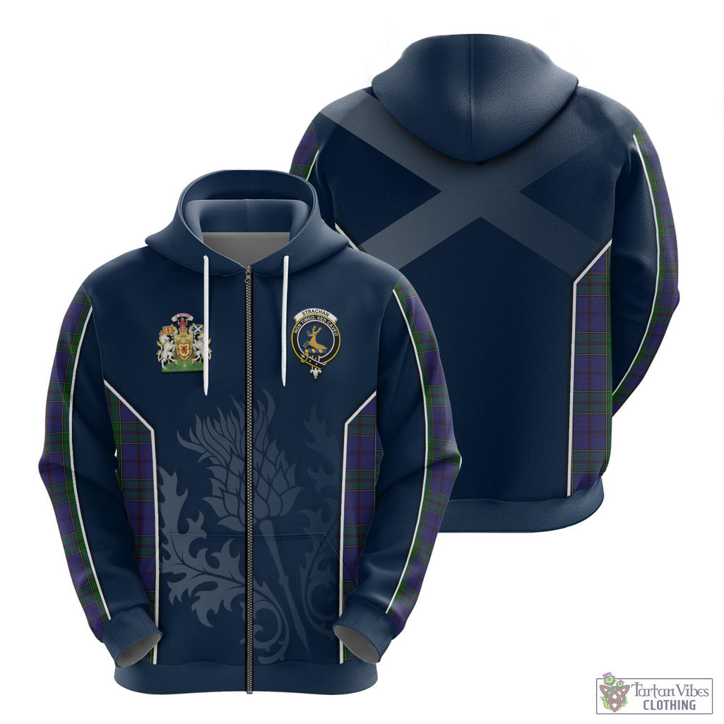 Tartan Vibes Clothing Strachan Tartan Hoodie with Family Crest and Scottish Thistle Vibes Sport Style