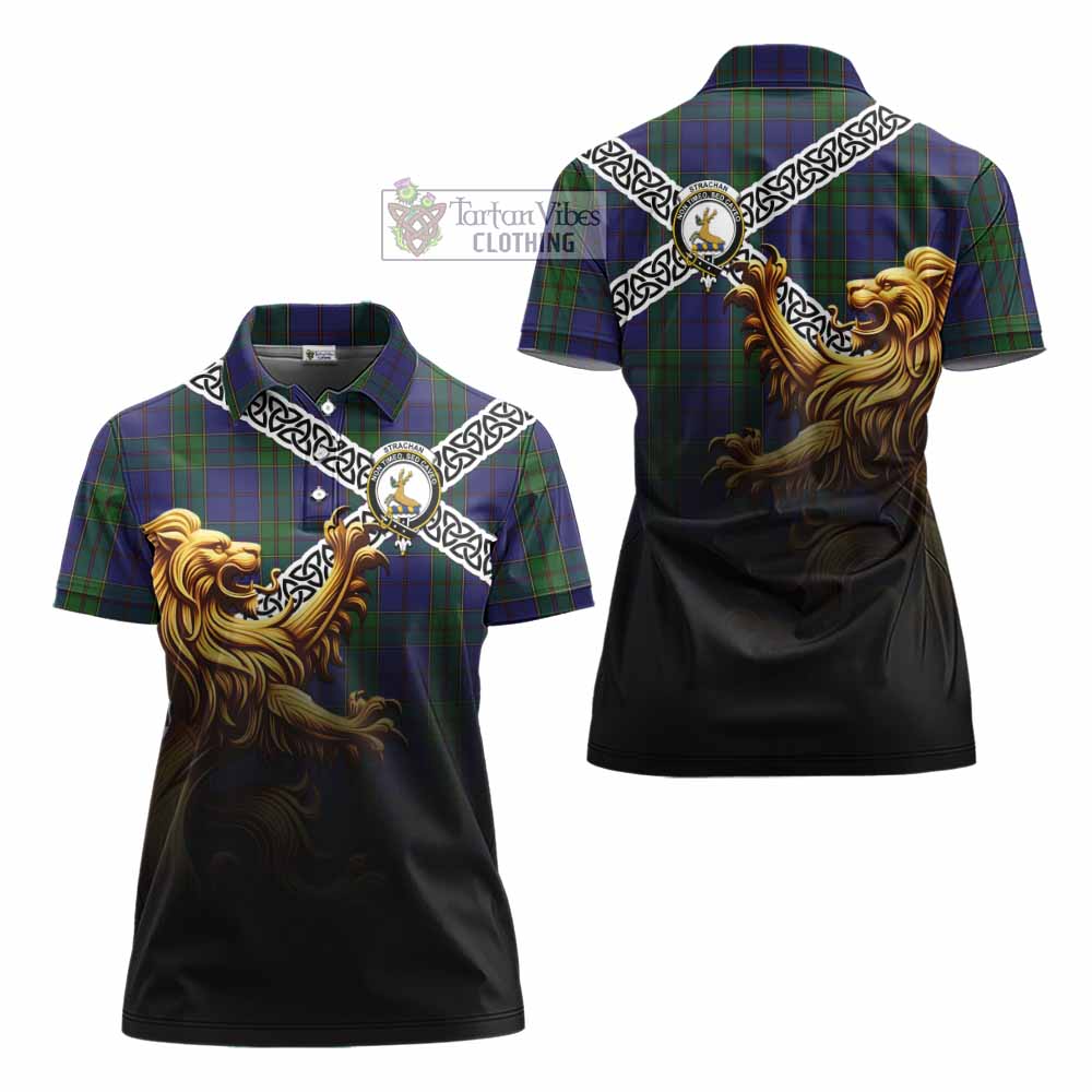 Tartan Vibes Clothing Strachan Crest Tartan Women's Polo Shirt with Golden Lion Emblem Celtic Style