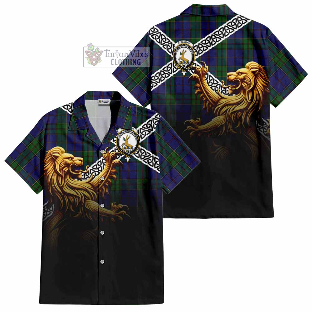 Tartan Vibes Clothing Strachan Crest Tartan Short Sleeve Button Shirt with Golden Lion Emblem Celtic Style