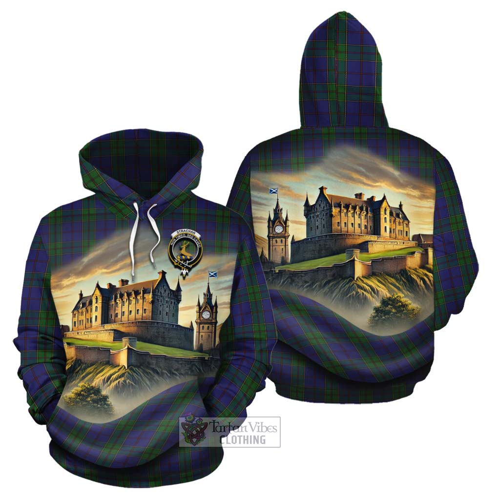 Tartan Vibes Clothing Strachan Tartan Family Crest Cotton Hoodie with Scottish Ancient Castle Style