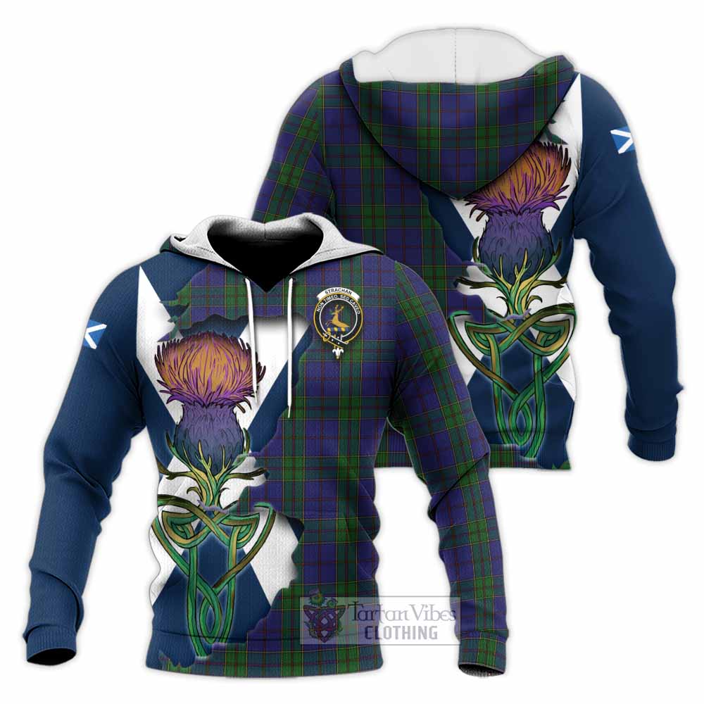 Tartan Vibes Clothing Strachan Tartan Family Crest Knitted Hoodie Scottish Thistle Celtic Inspired
