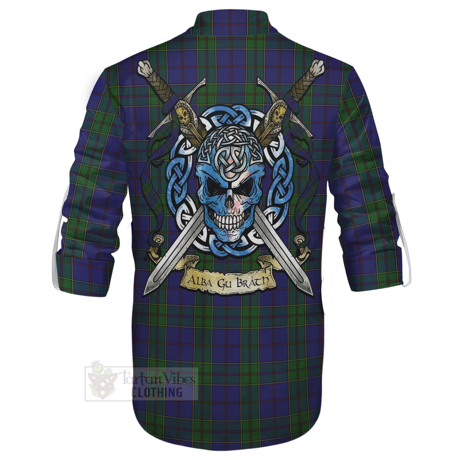 Tartan Vibes Clothing Strachan Tartan Ghillie Kilt Shirt with Family Crest Celtic Skull Style