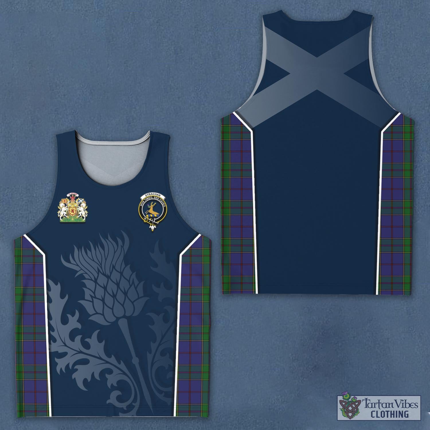 Tartan Vibes Clothing Strachan Tartan Men's Tanks Top with Family Crest and Scottish Thistle Vibes Sport Style