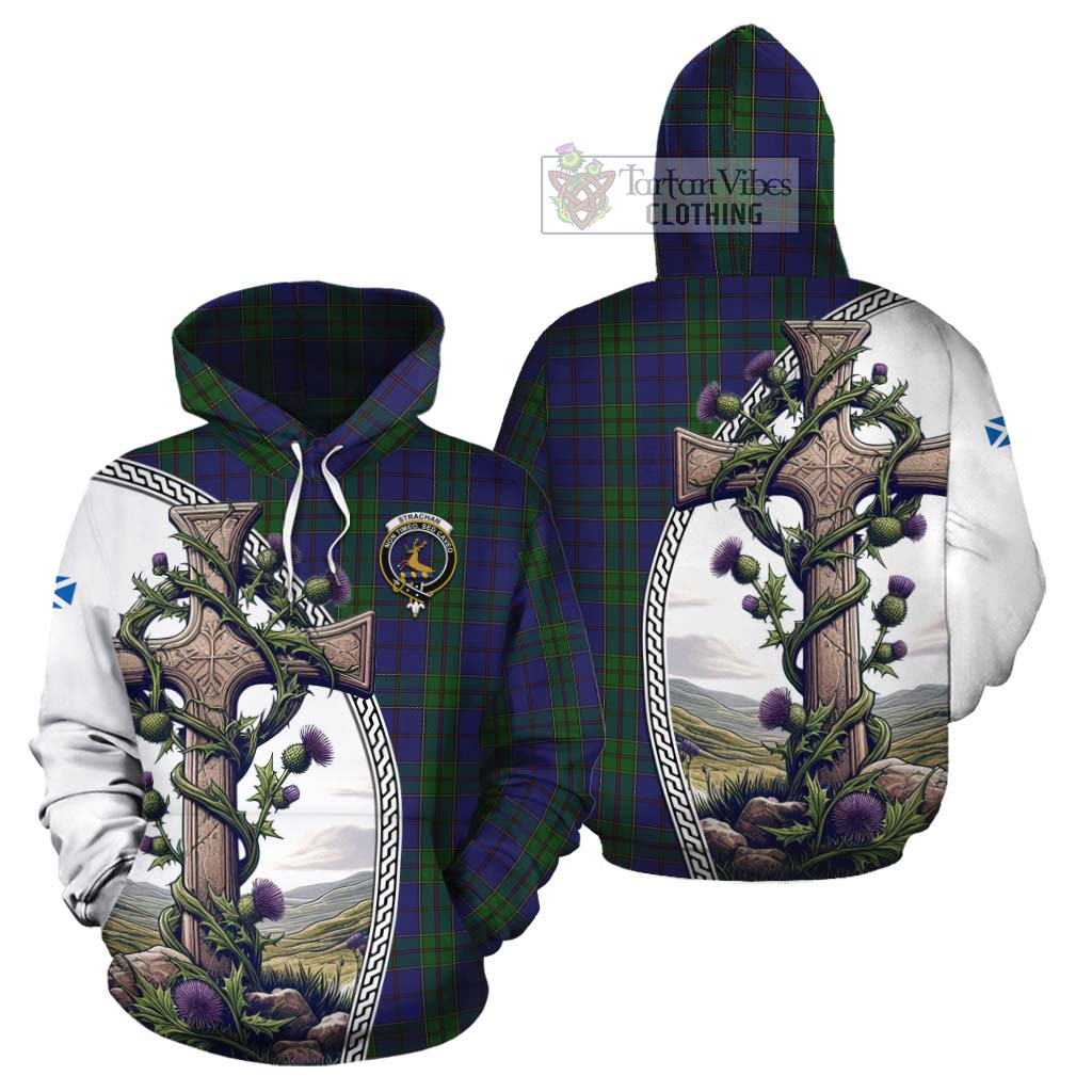 Tartan Vibes Clothing Strachan Tartan Cotton Hoodie with Family Crest and St. Andrew's Cross Accented by Thistle Vines
