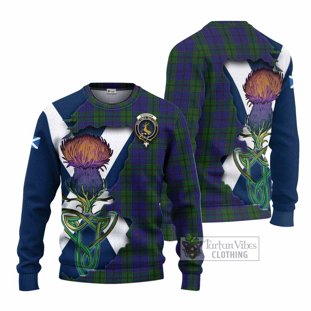 Tartan Vibes Clothing Strachan Tartan Family Crest Knitted Sweater Scottish Thistle Celtic Inspired
