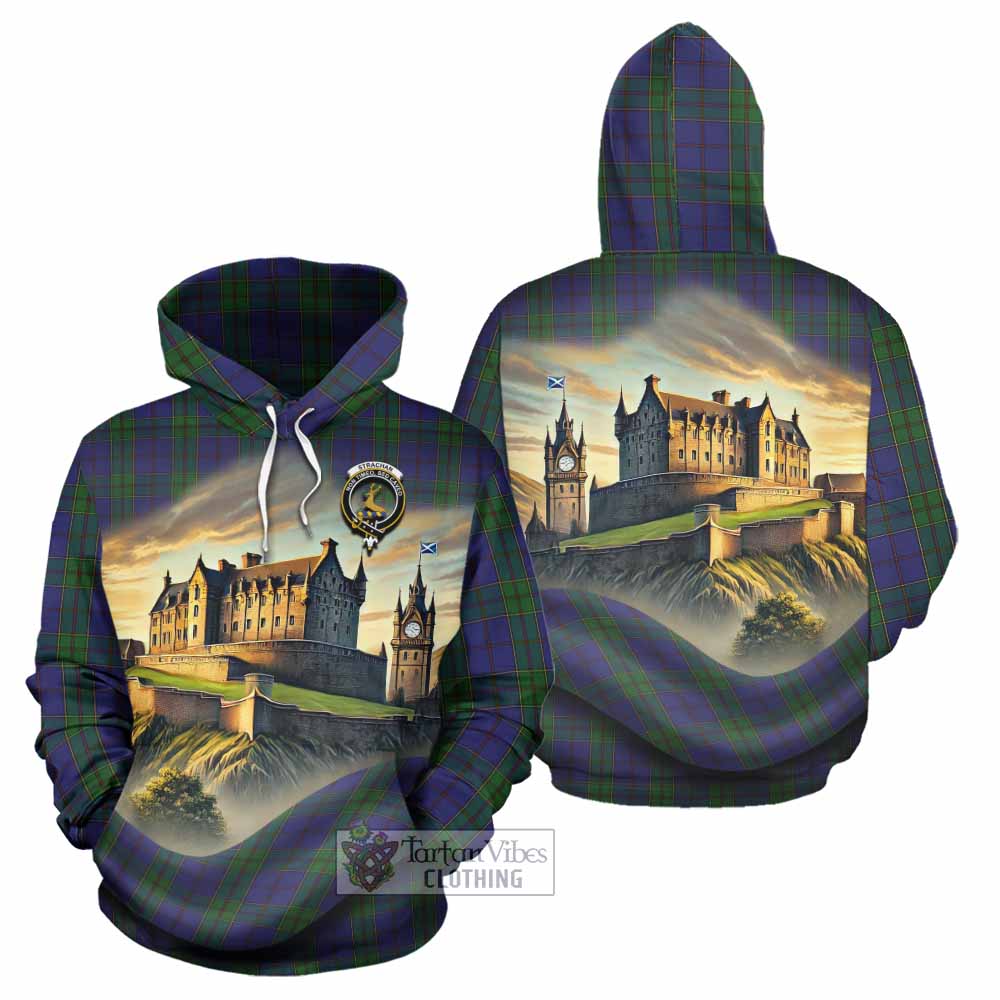 Tartan Vibes Clothing Strachan Tartan Family Crest Hoodie with Scottish Ancient Castle Style