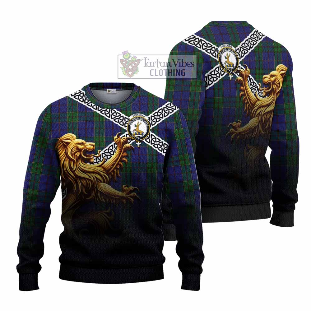 Tartan Vibes Clothing Strachan Crest Tartan Knitted Sweater with Golden Lion Emblem Celtic Style