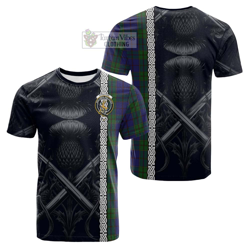 Tartan Vibes Clothing Strachan Tartan Cotton T-shirt with Family Crest Cross Sword Thistle Celtic Vibes