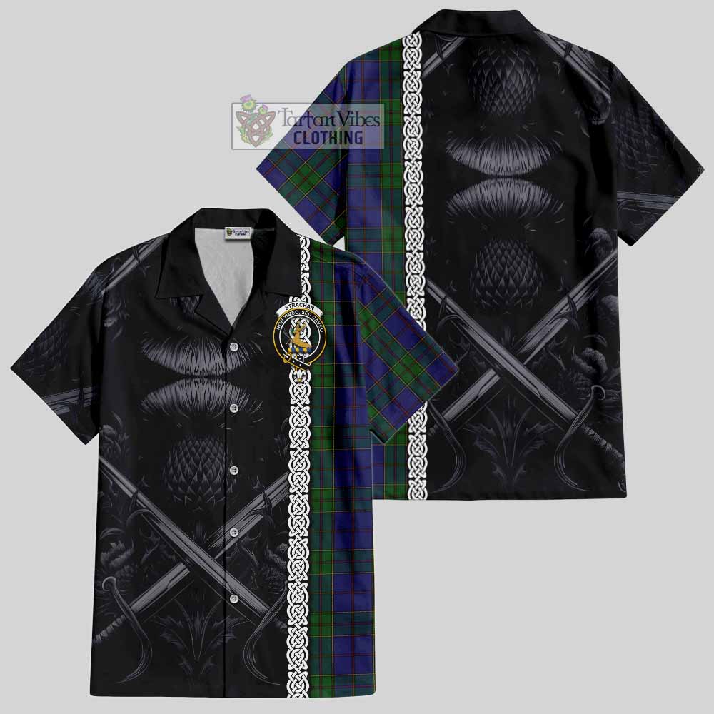 Tartan Vibes Clothing Strachan Tartan Short Sleeve Button Shirt with Family Crest Cross Sword Thistle Celtic Vibes