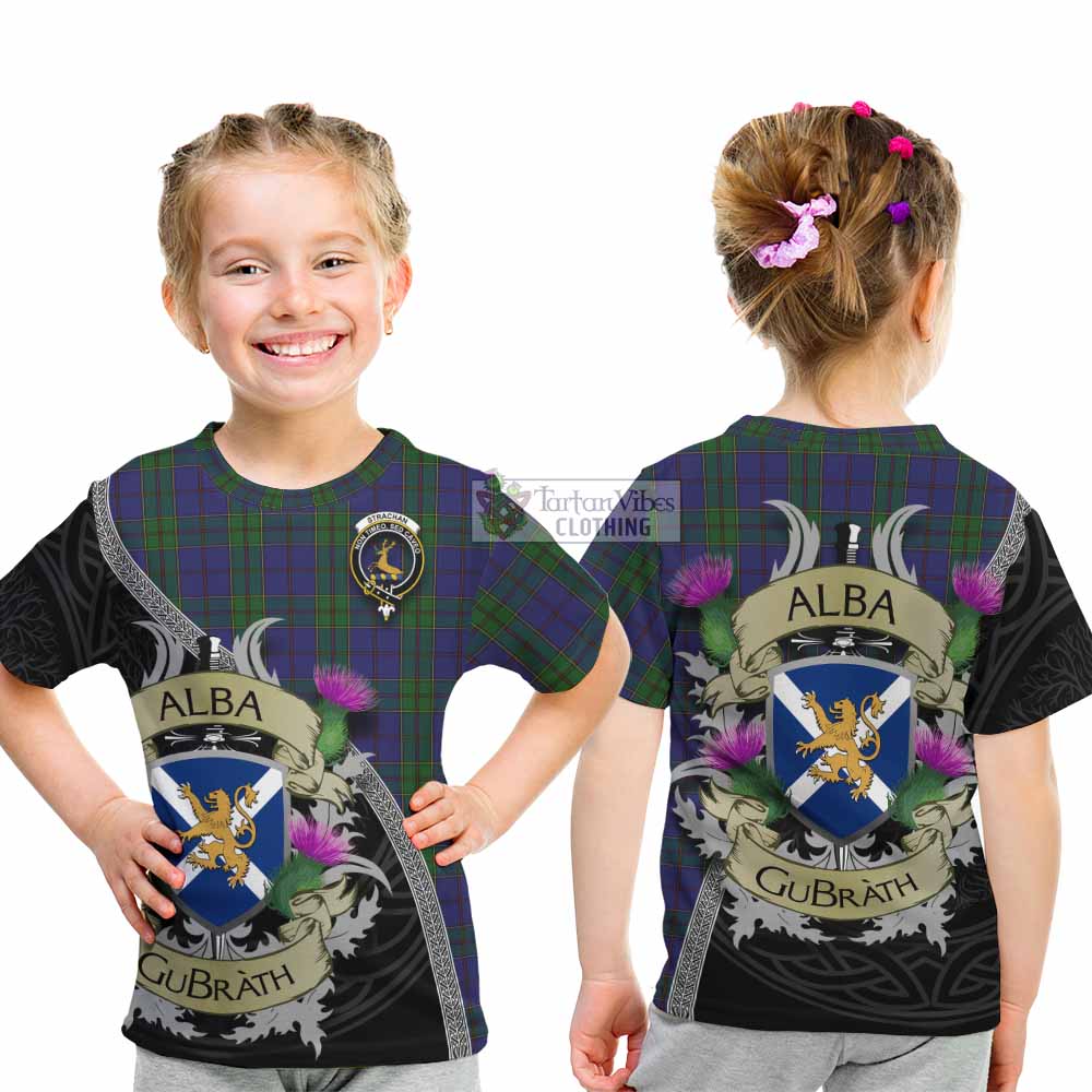 Tartan Vibes Clothing Strachan Tartan Family Crest Kid T-Shirt Lion Rampant Royal Thistle Shield Celtic Inspired