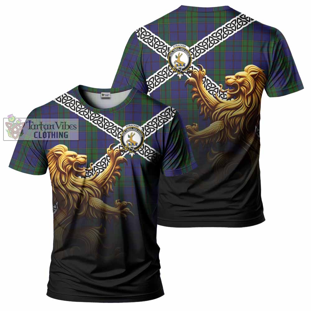 Tartan Vibes Clothing Strachan Crest Tartan T-Shirt with Golden Lion Emblem Celtic Style