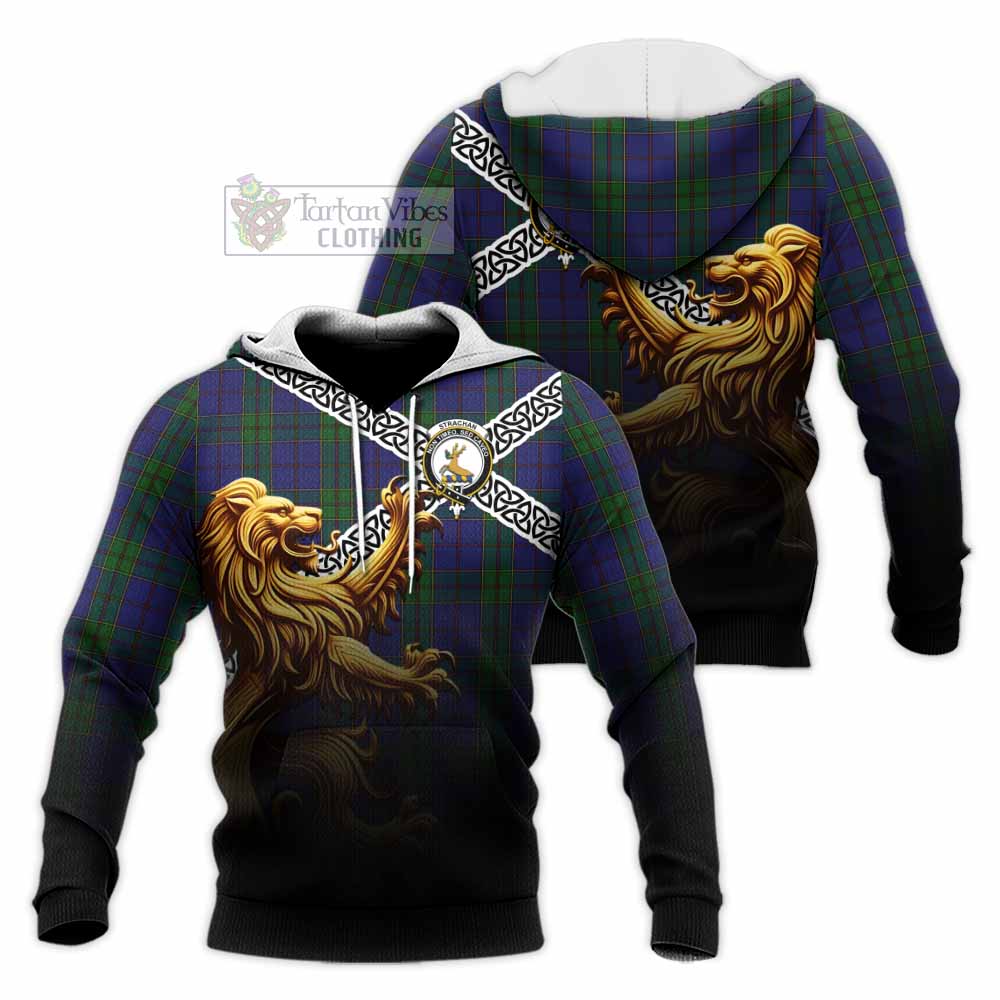 Tartan Vibes Clothing Strachan Crest Tartan Knitted Hoodie with Golden Lion Emblem Celtic Style