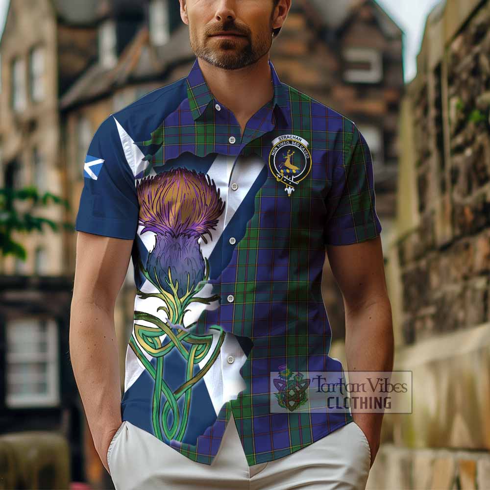 Tartan Vibes Clothing Strachan Tartan Family Crest Short Sleeve Button Shirt Scottish Thistle Celtic Inspired