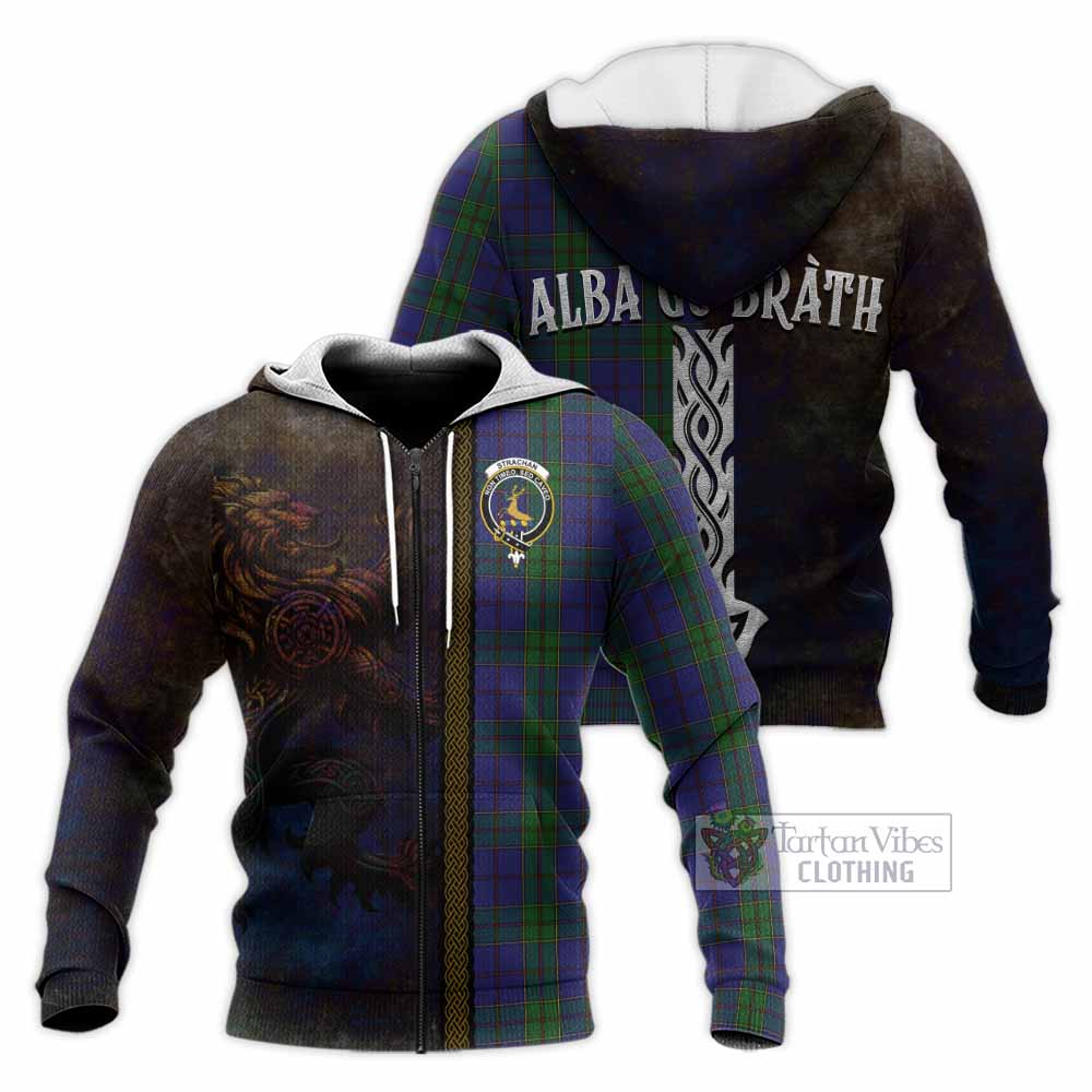 Tartan Vibes Clothing Strachan Tartan Family Crest Knitted Hoodie Alba Gu Brath Be Brave Lion Ancient Style