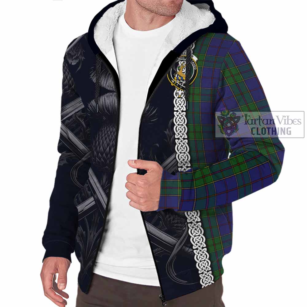 Tartan Vibes Clothing Strachan Tartan Sherpa Hoodie with Family Crest Cross Sword Thistle Celtic Vibes