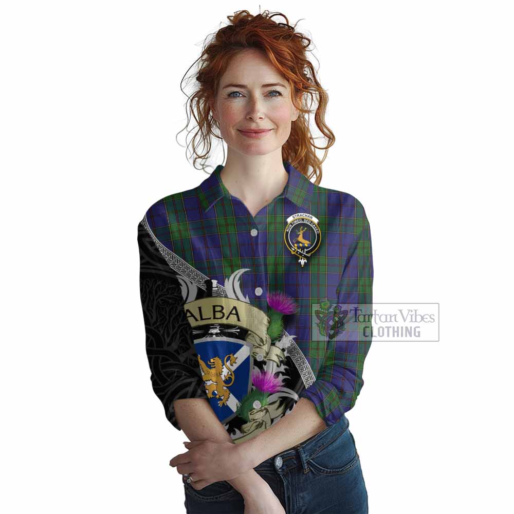 Tartan Vibes Clothing Strachan Tartan Family Crest Women's Casual Shirt Lion Rampant Royal Thistle Shield Celtic Inspired