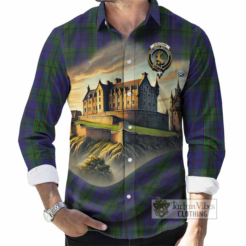 Tartan Vibes Clothing Strachan Tartan Family Crest Long Sleeve Button Shirt with Scottish Ancient Castle Style