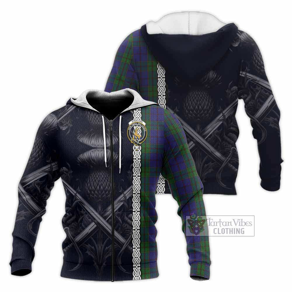 Tartan Vibes Clothing Strachan Tartan Knitted Hoodie with Family Crest Cross Sword Thistle Celtic Vibes