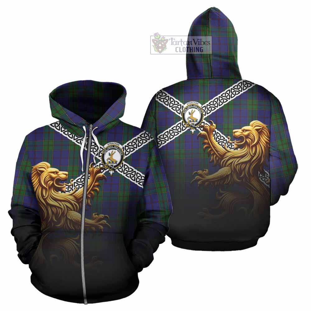 Tartan Vibes Clothing Strachan Crest Tartan Hoodie with Golden Lion Emblem Celtic Style
