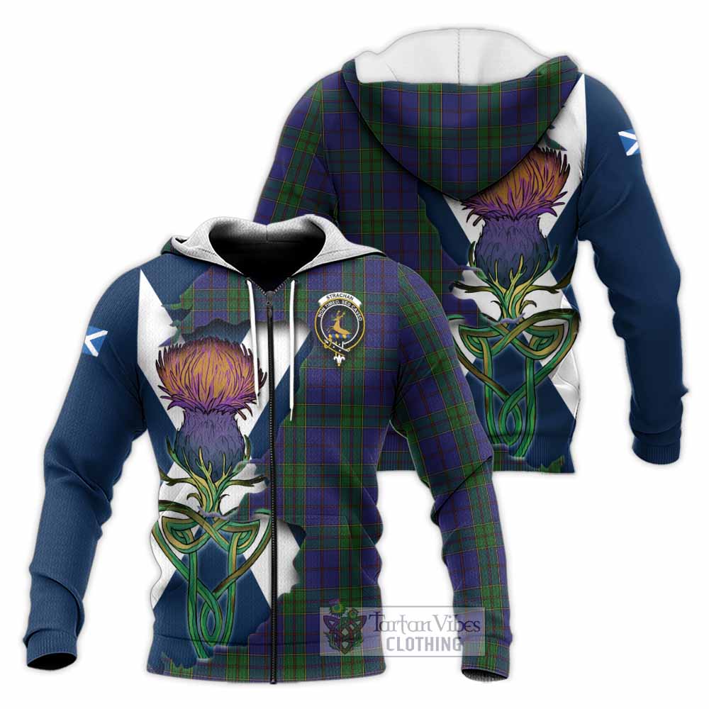 Tartan Vibes Clothing Strachan Tartan Family Crest Knitted Hoodie Scottish Thistle Celtic Inspired