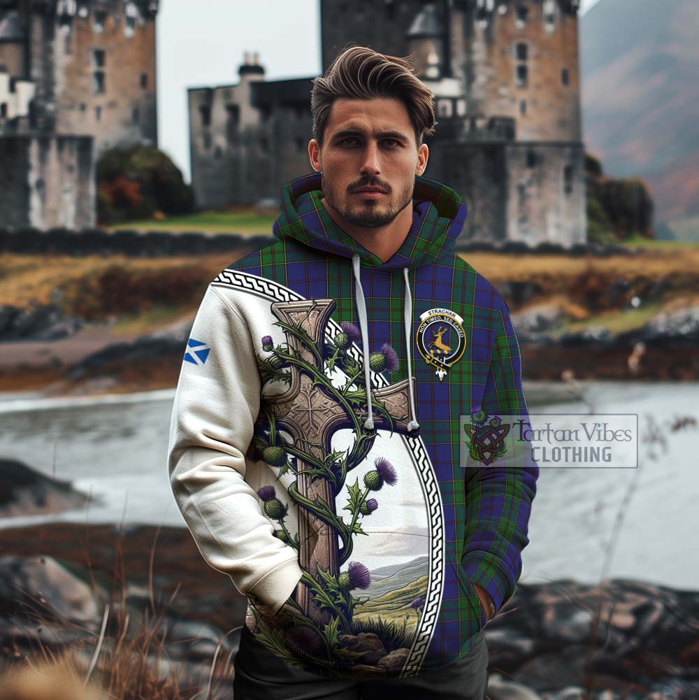 Tartan Vibes Clothing Strachan Tartan Cotton Hoodie with Family Crest and St. Andrew's Cross Accented by Thistle Vines