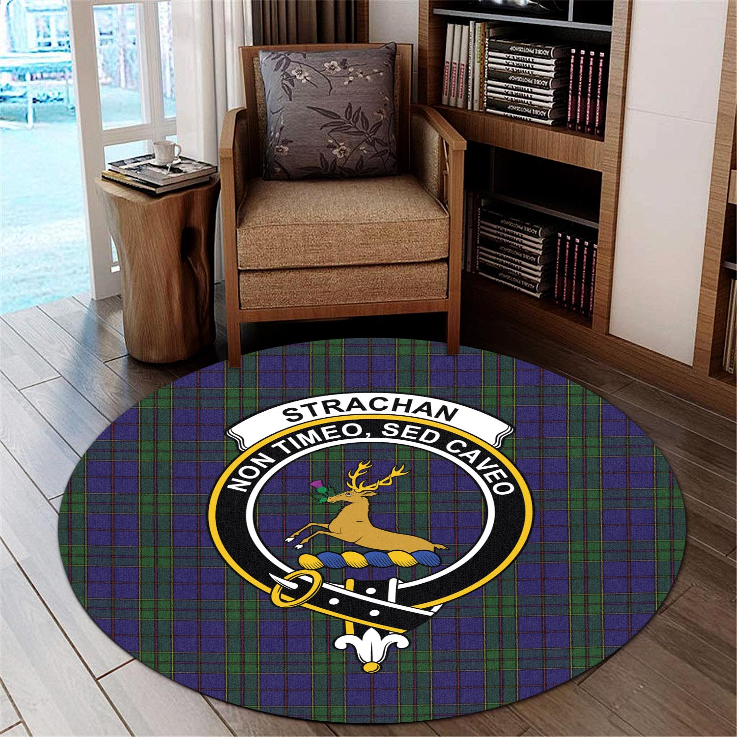 strachan-tartan-round-rug-with-family-crest