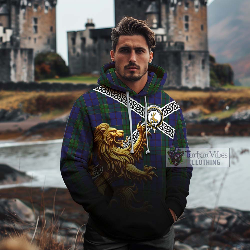 Tartan Vibes Clothing Strachan Crest Tartan Cotton Hoodie with Golden Lion Emblem Celtic Style
