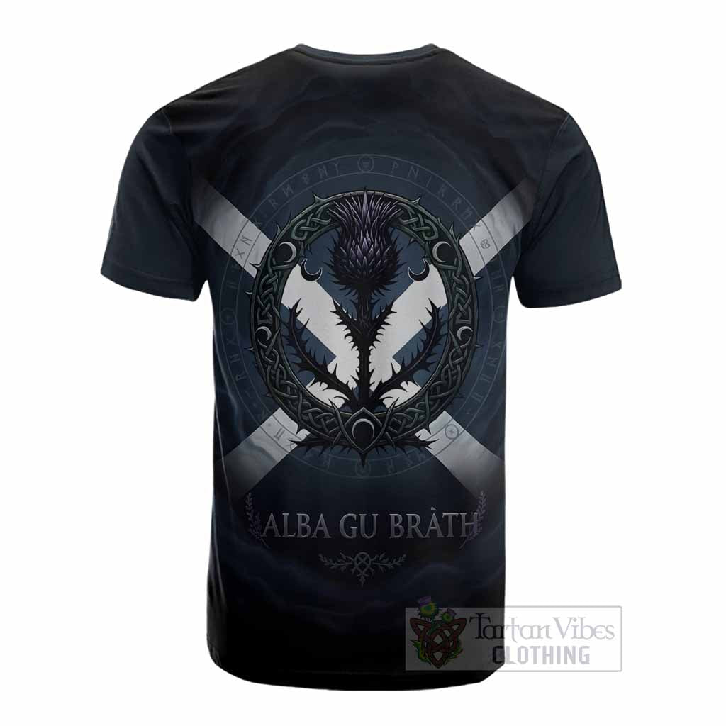 Strachan Clan Crest Cotton T-shirt with Celtic Knot Thistle and Saltire