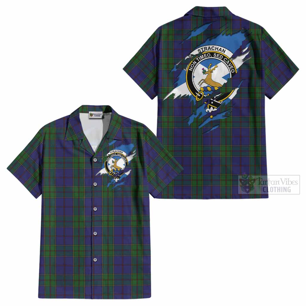 Strachan Clan Crest In Me Tartan Cotton Hawaiian Shirt Scotland Flag Style