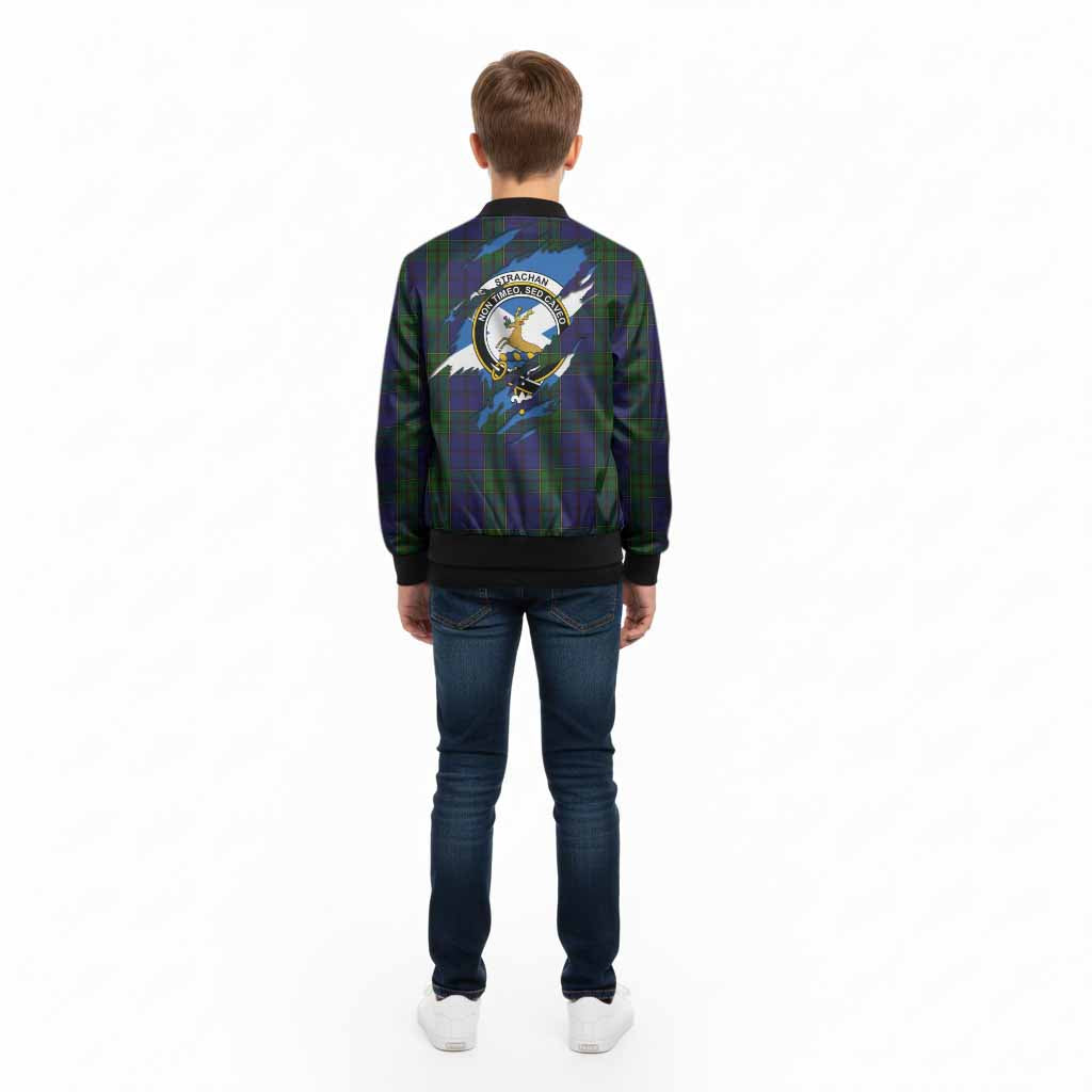 Strachan Clan Crest In Me Tartan Kid Bomber Jacket Scotland Flag Style