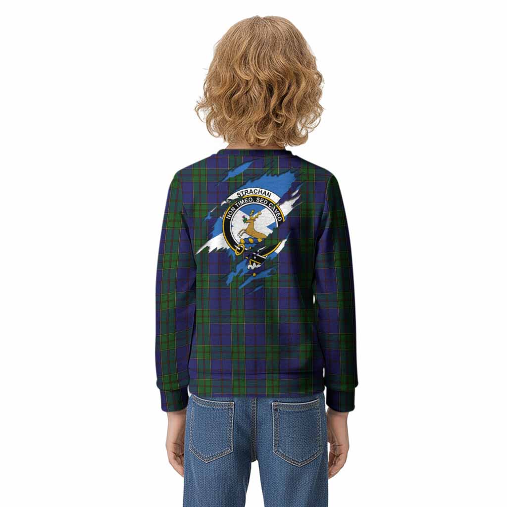Strachan Clan Crest In Me Tartan Kid Knitted Sweatshirt Scotland Flag Style