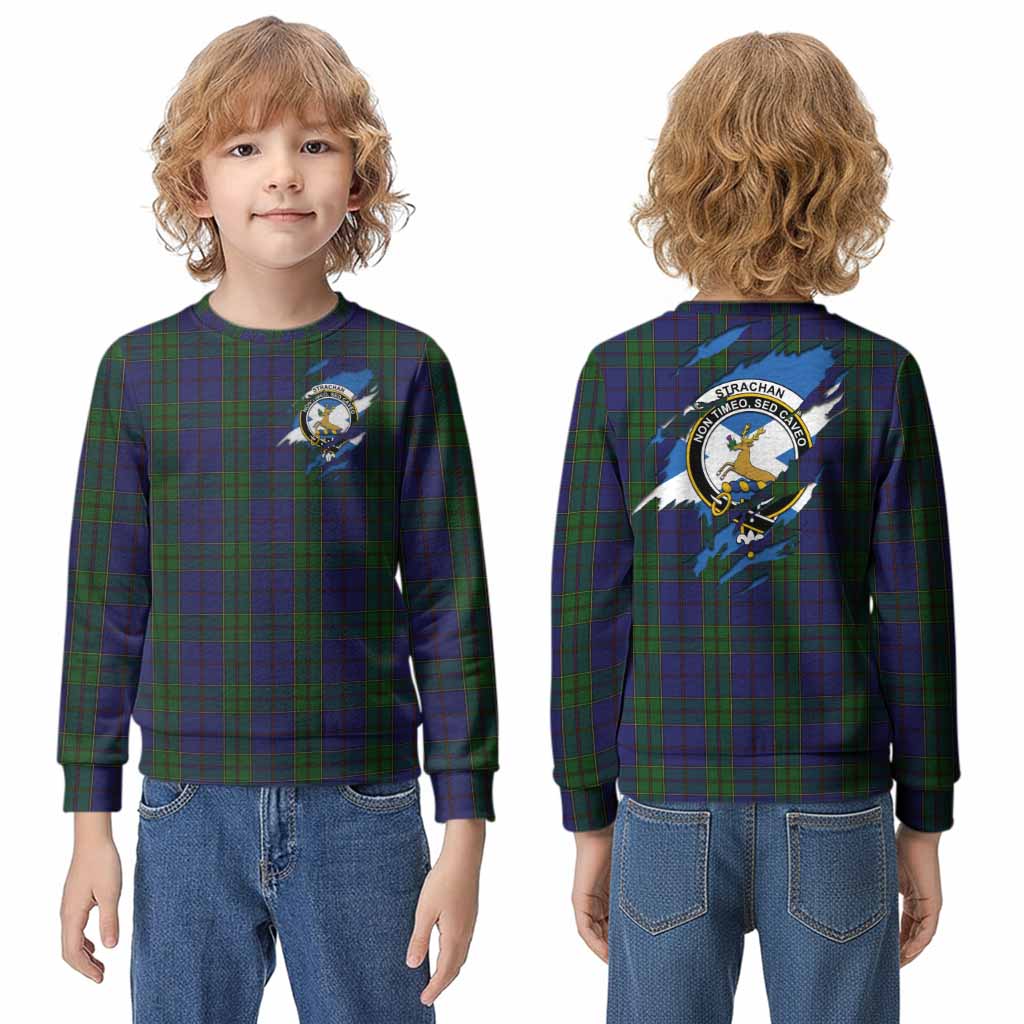 Strachan Clan Crest In Me Tartan Kid Knitted Sweatshirt Scotland Flag Style