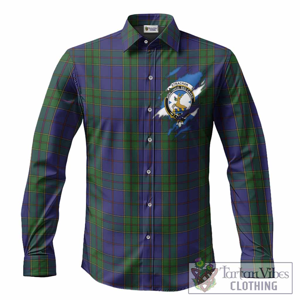Strachan Clan Crest In Me Tartan Long Sleeve Button Shirts Scotland Flag Style