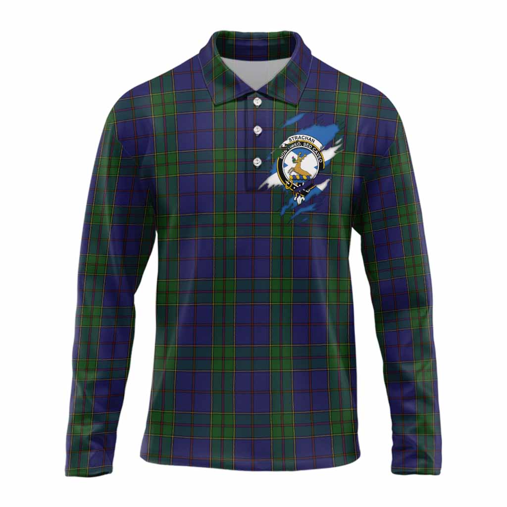 Strachan Clan Crest In Me Tartan Long Sleeve Polo Shirt Scotland Flag Style